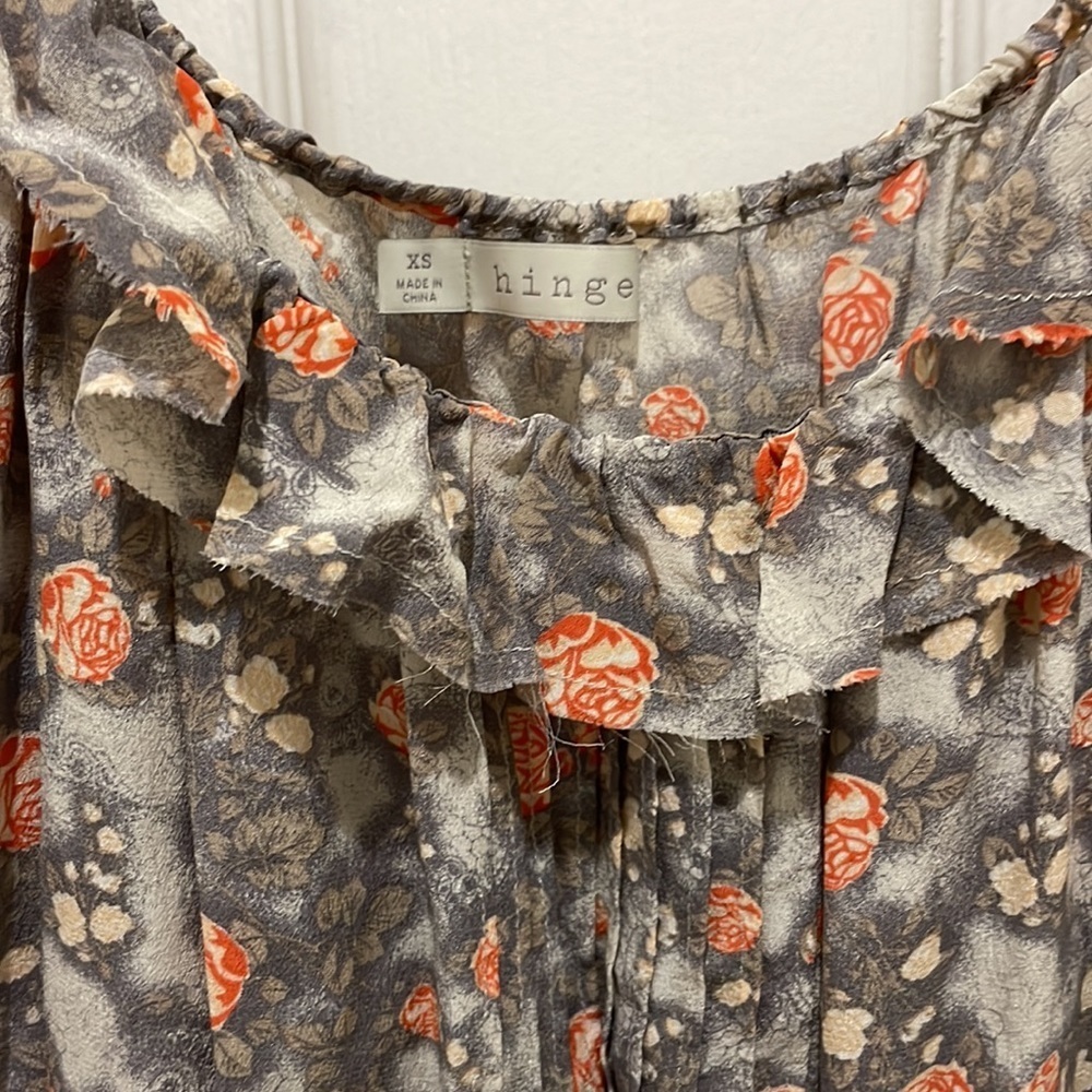 Hinge Gray Floral with Orange Flowers Spaghetti Strap Gathered Waist Silk Dress - Picture 6 of 9
